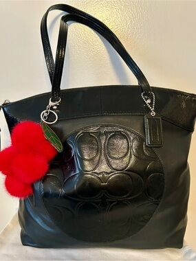 COACH Laura Tote. Leather Shoulder Bag with Red Pom Cherries Bag Charm